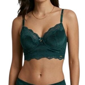RACHEL Emerald Teal Ribbed Velvet & Lace Longline Bralette Bustier - Size M